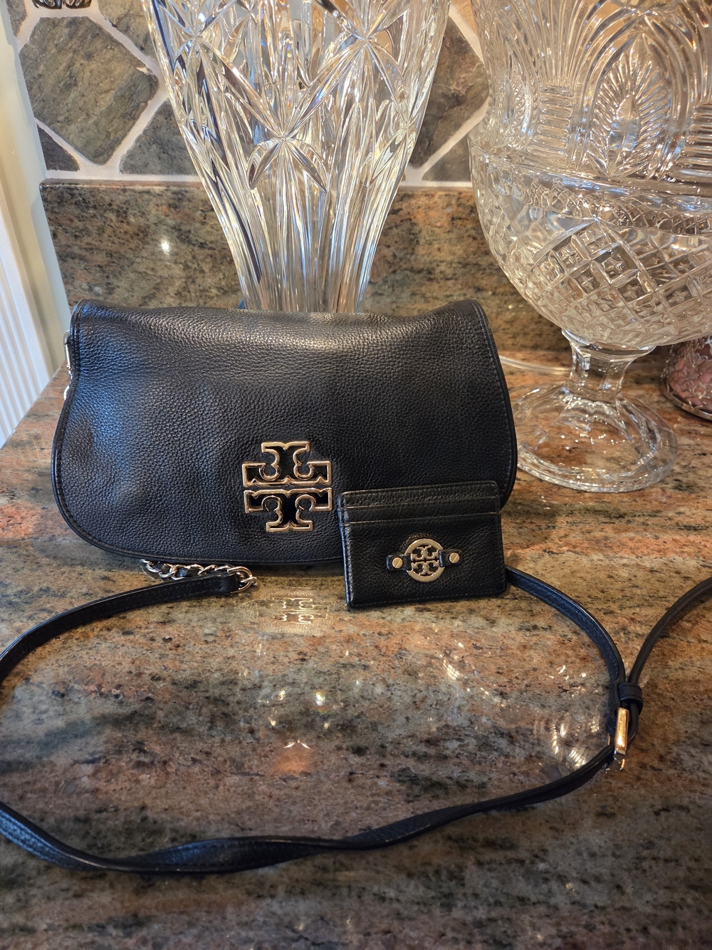 Tory Burch Black Leather Crossbody Bag with Card Holder